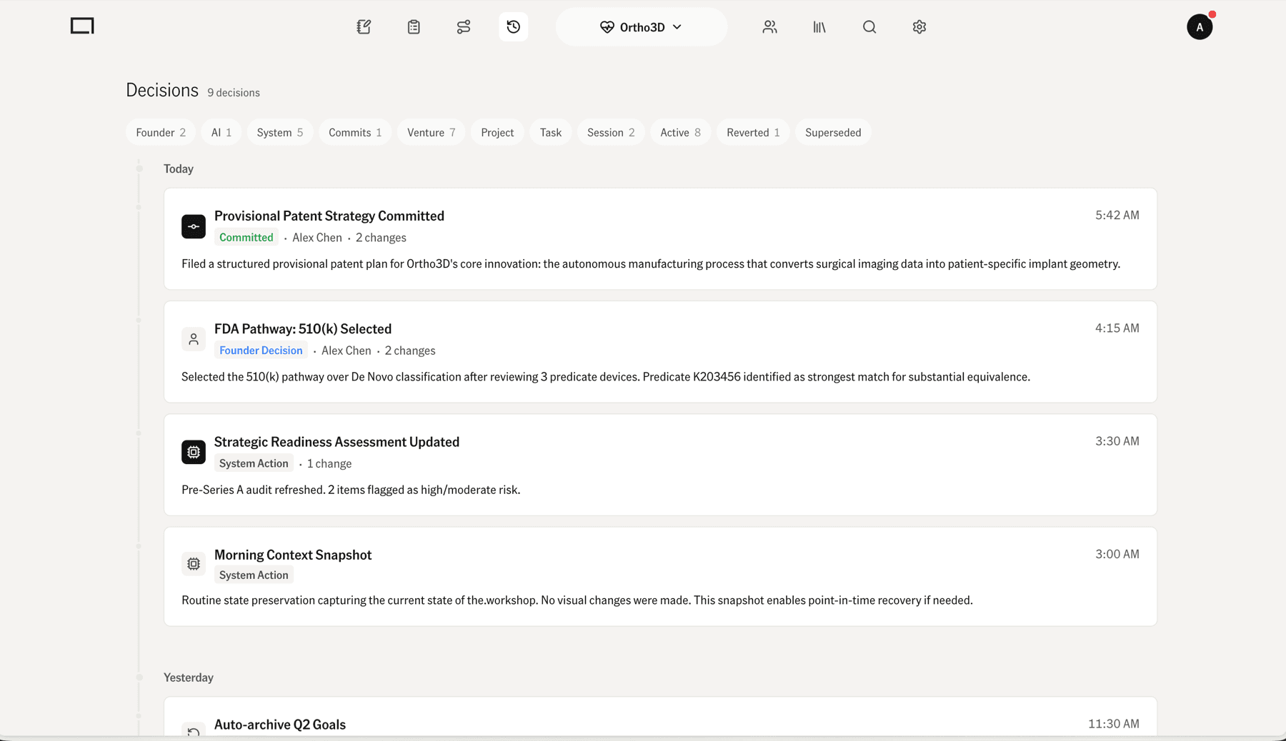 Decision log with founder / AI / system provenance