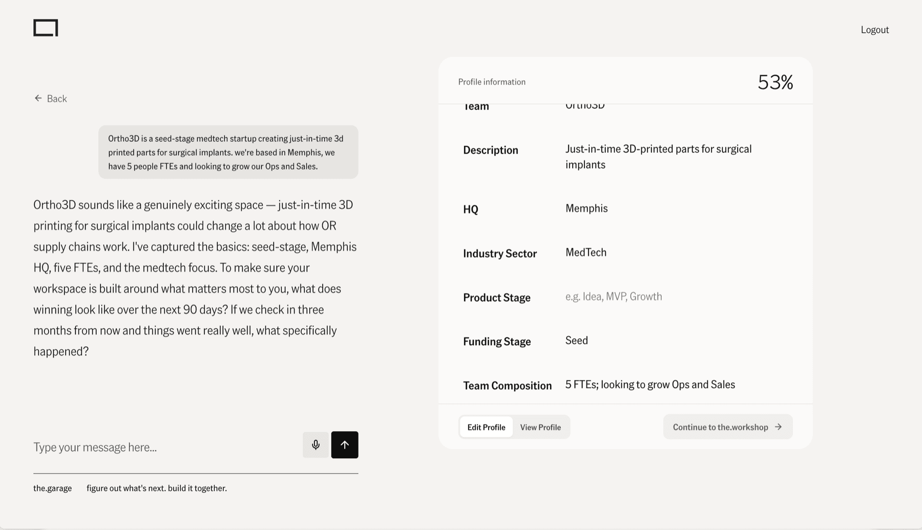 Two-pane onboarding: AI chat beside a live company profile