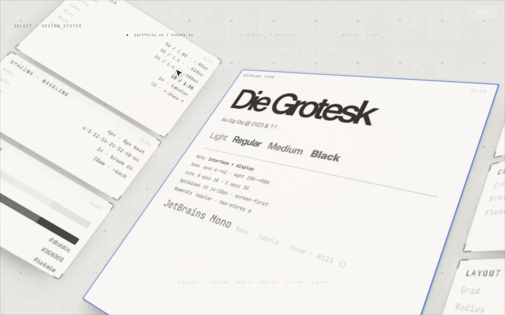 A frame from the film: the style-tile close-up, a specimen sheet for a grotesk typeface tilted thirty degrees, with a cursor resting on it.