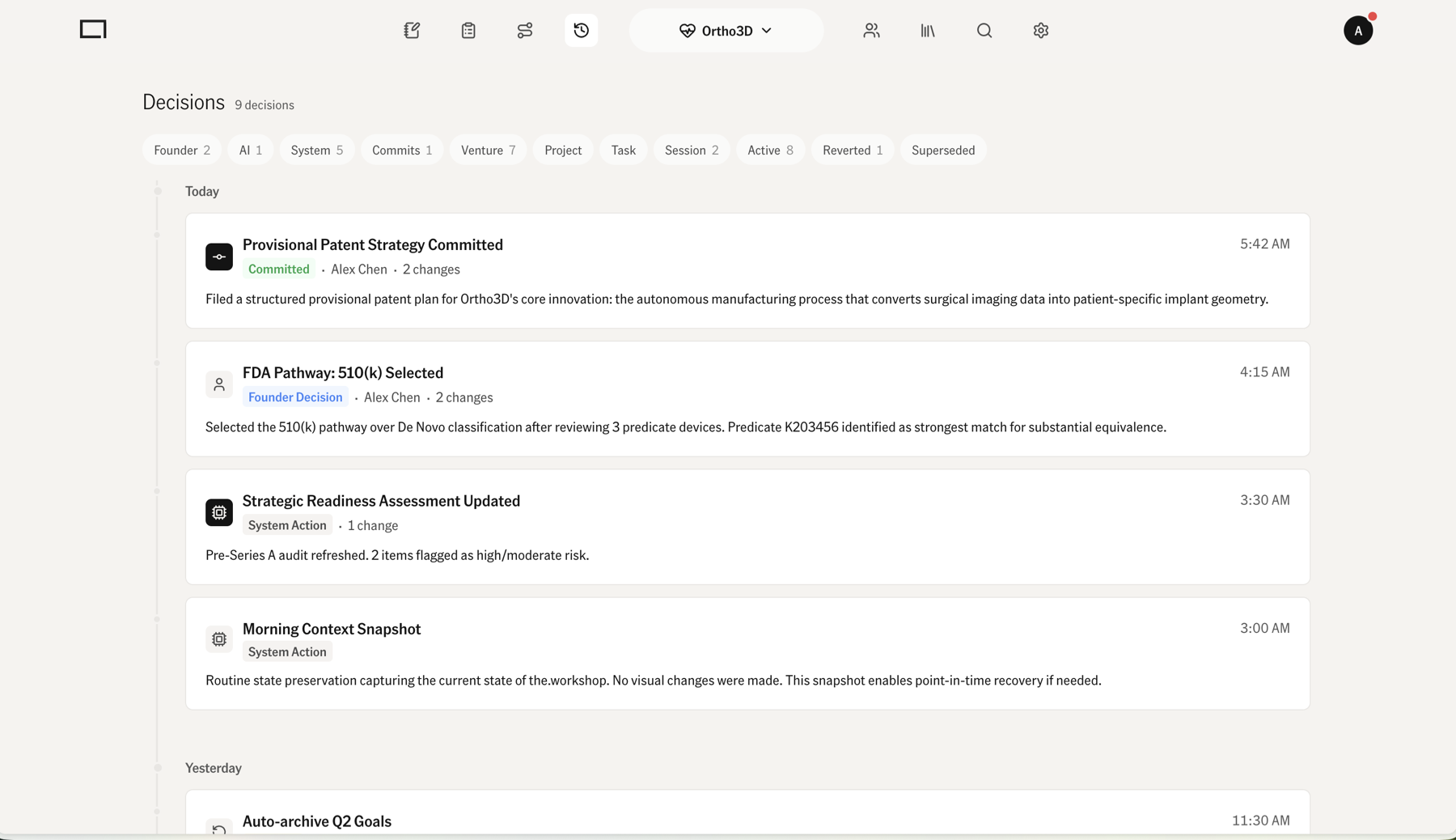 Decision log with founder / AI / system provenance