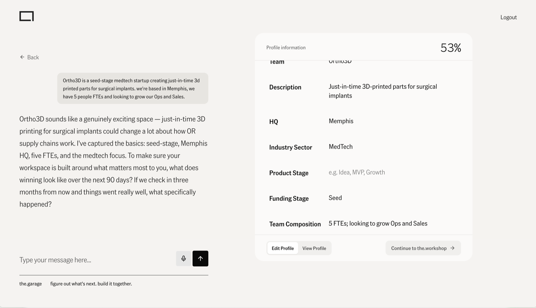 Two-pane onboarding: AI chat beside a live company profile