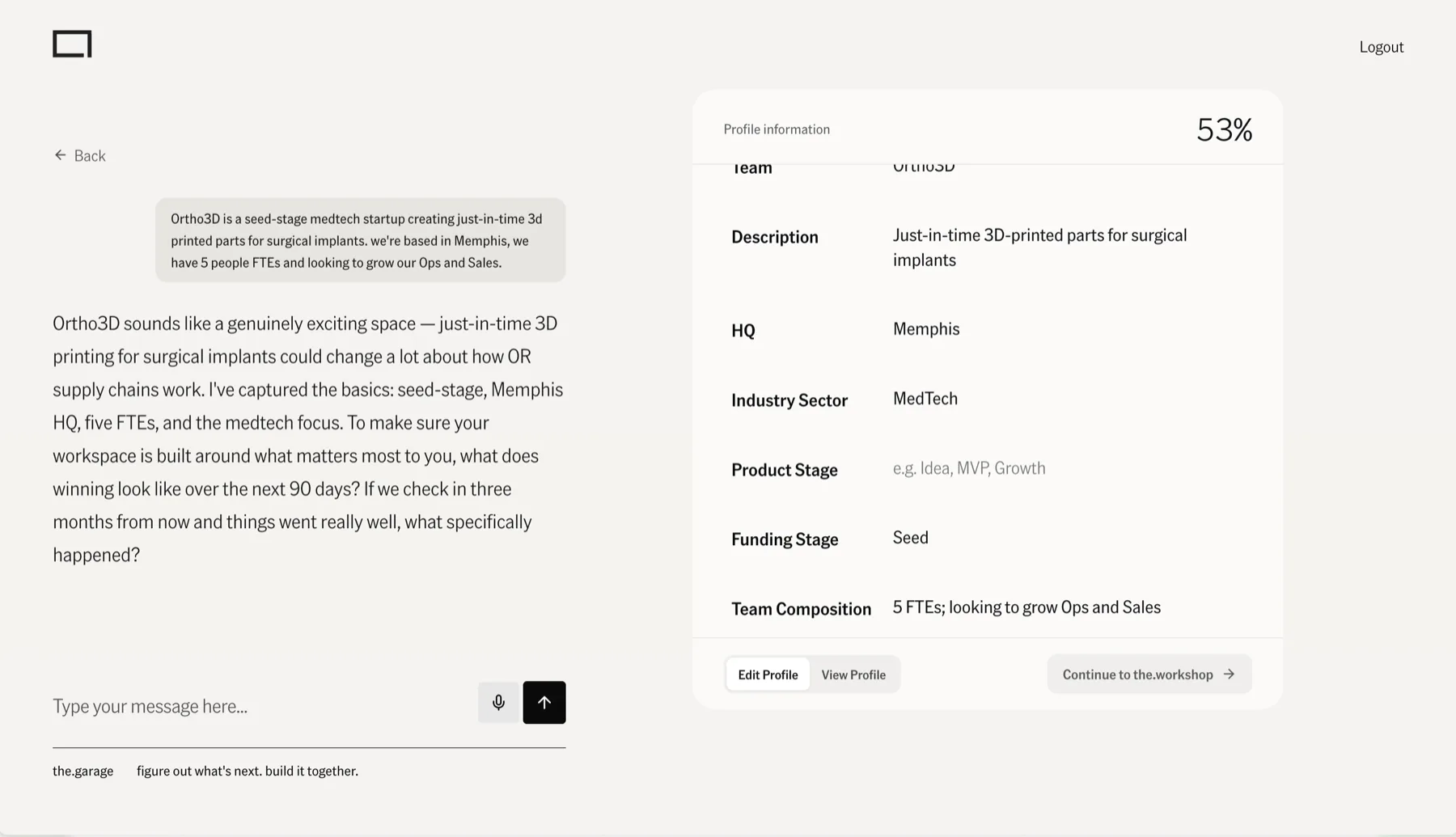 Onboarding: the AI conversation beside the company profile assembling itself