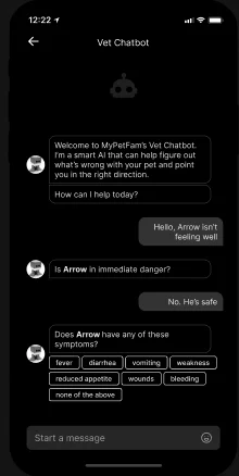 The vet chat, a reply with next steps