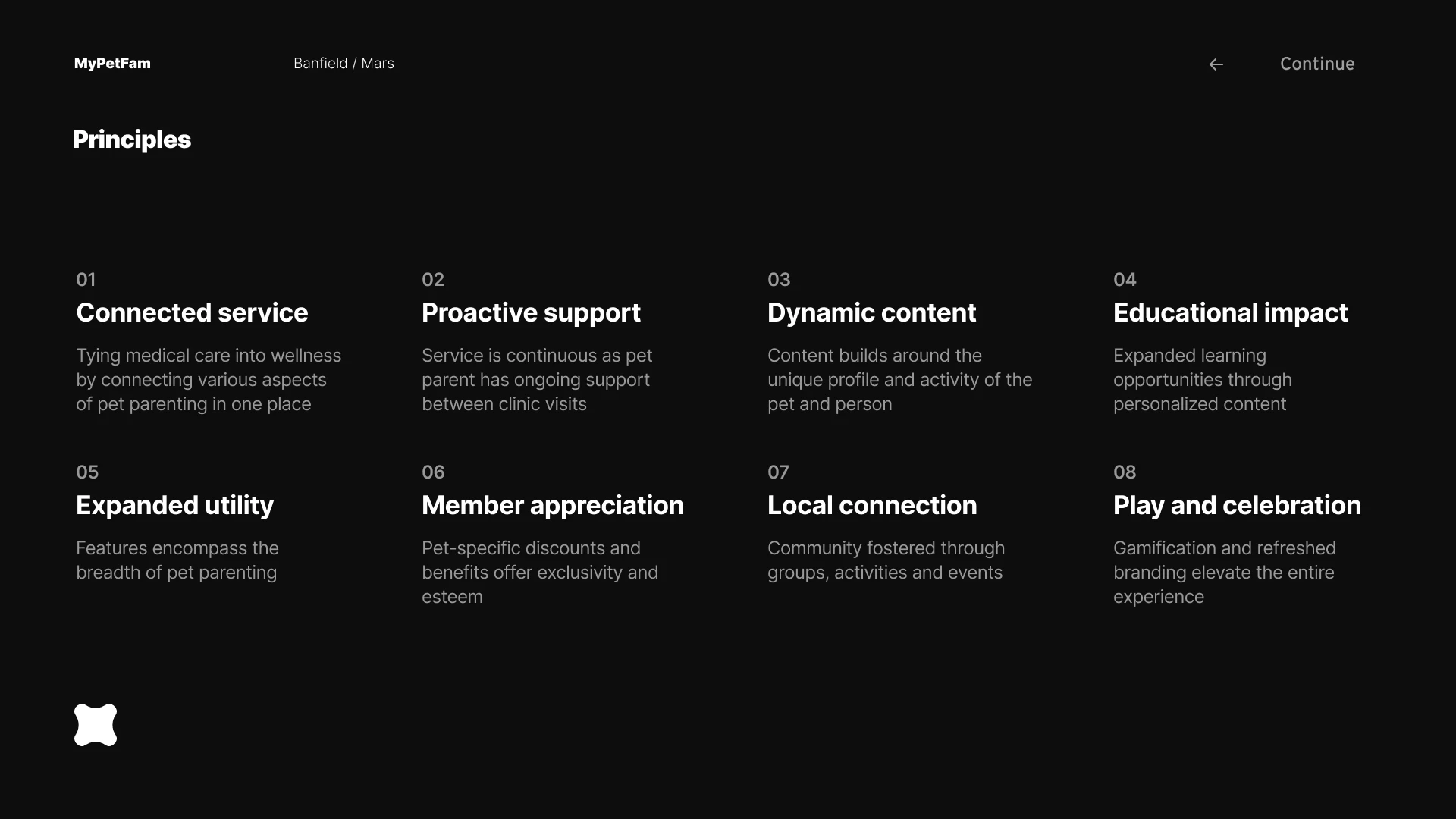 Eight design principles derived from the research insights, from connected service through play and celebration