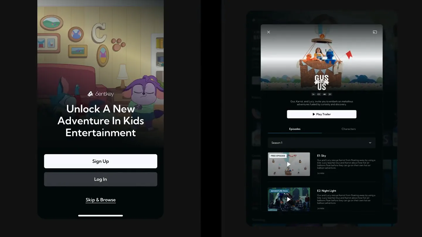 The sign-up screen and a show's page, in motion