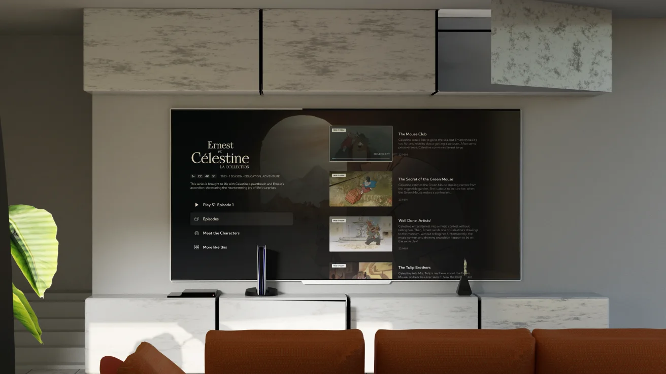 A show's page on a living-room TV, driven by a remote