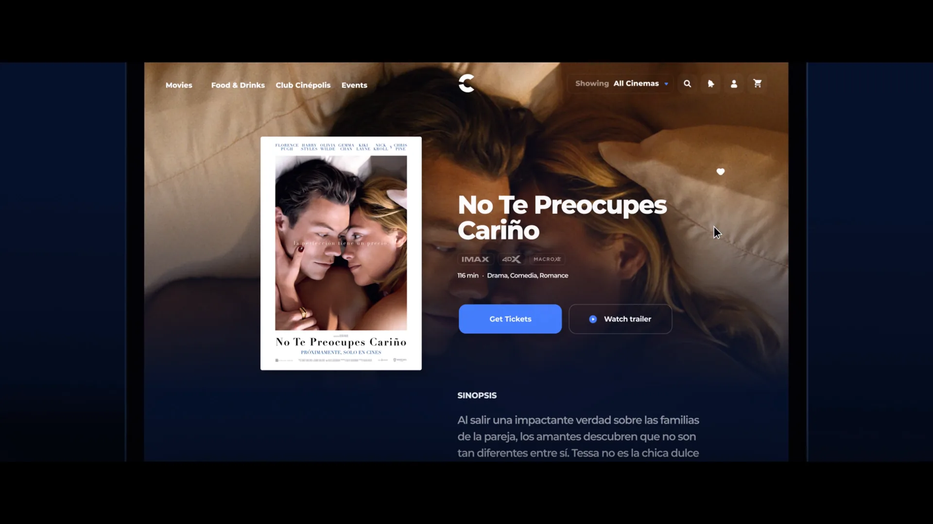 A film page with the trailer, the synopsis and the showtimes on one screen