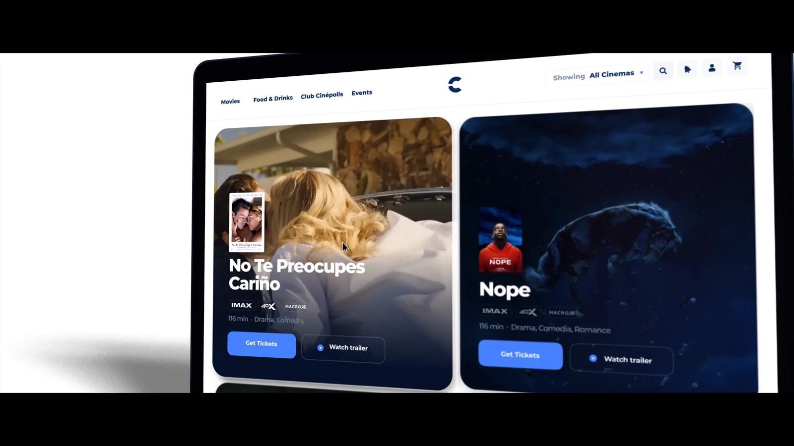 The redesigned Cinépolis experience in motion, from the film listing to the phone