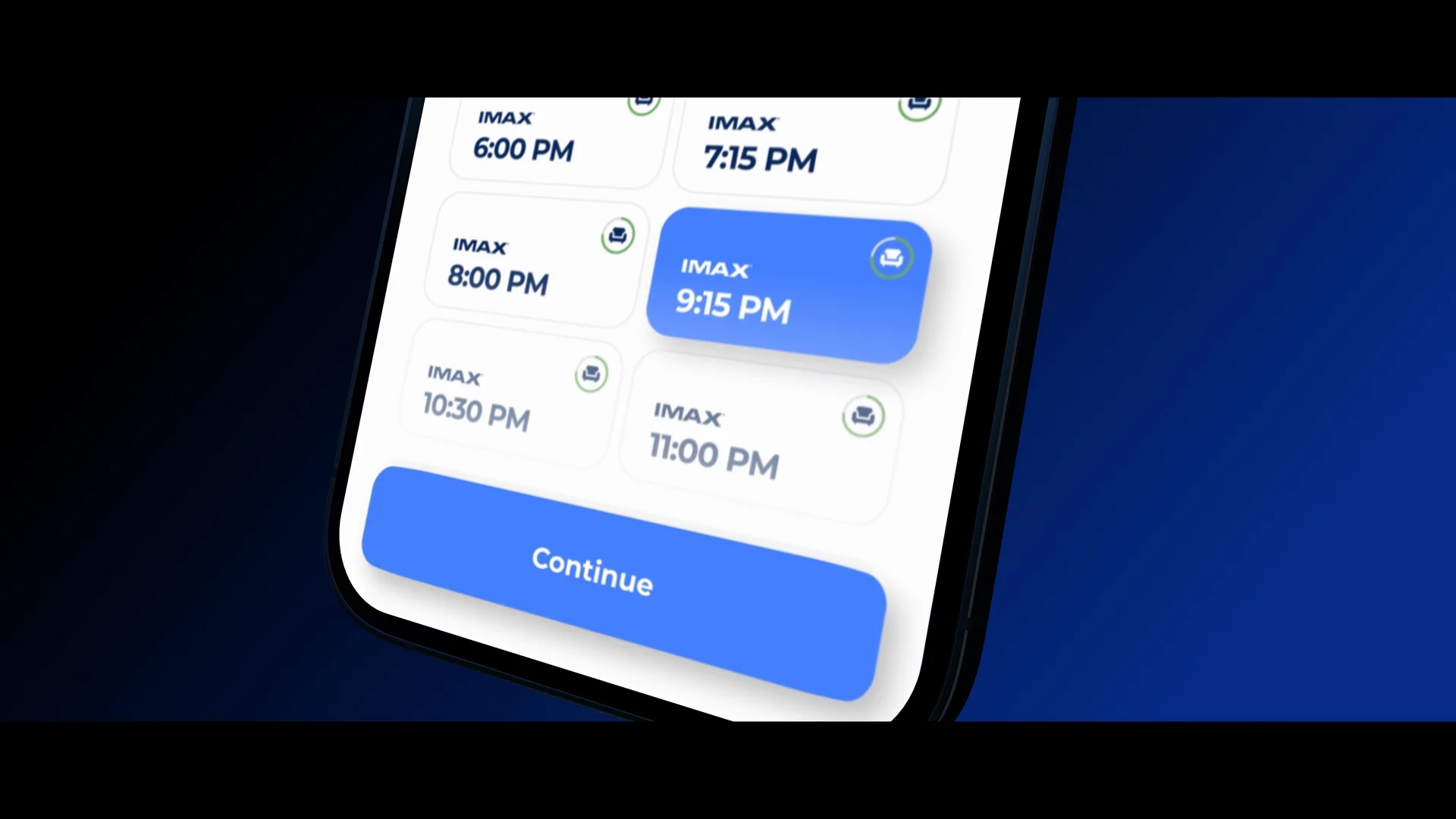 Showtimes on a phone, an IMAX seating chosen, one button to continue