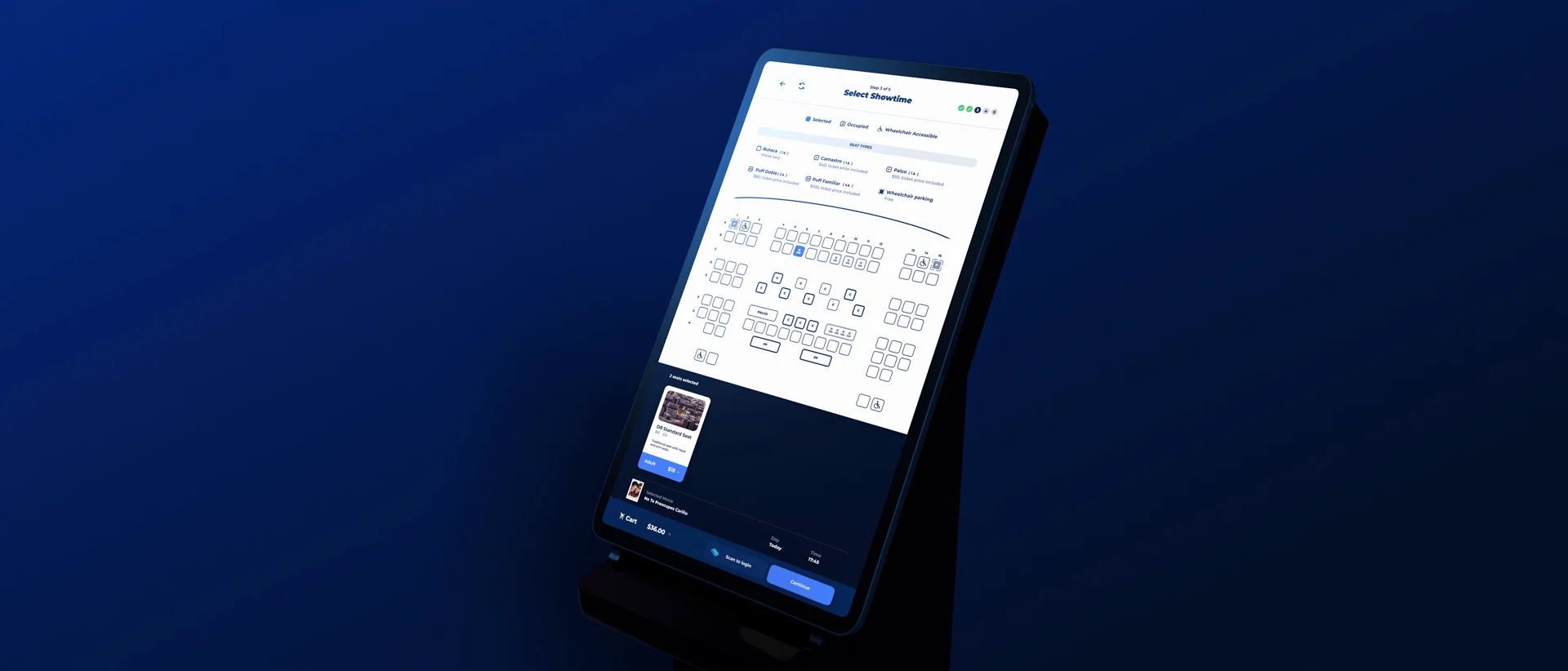 The purchase in motion: seats, ticket types, food, a drink, and the code
