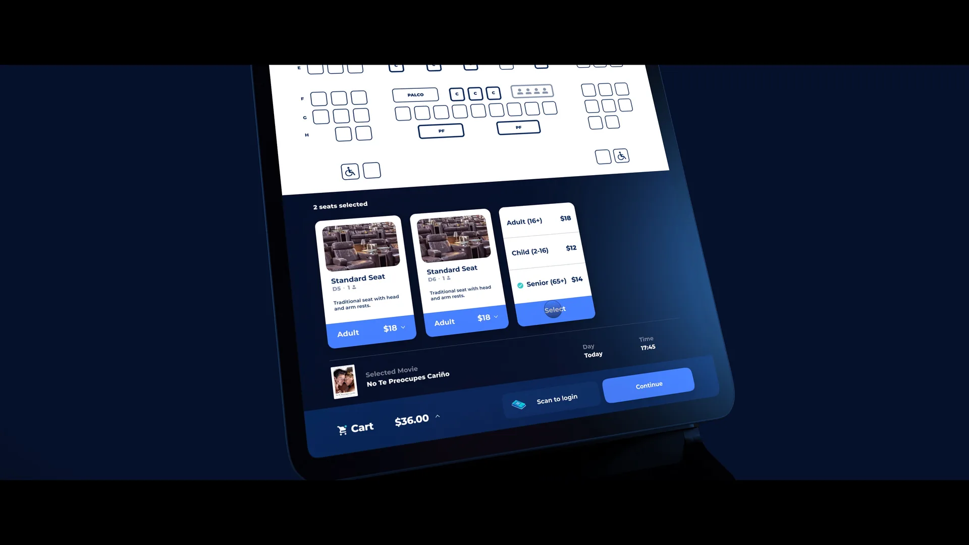 Seat selection and ticket types on a tablet, with the cart at the foot of the screen
