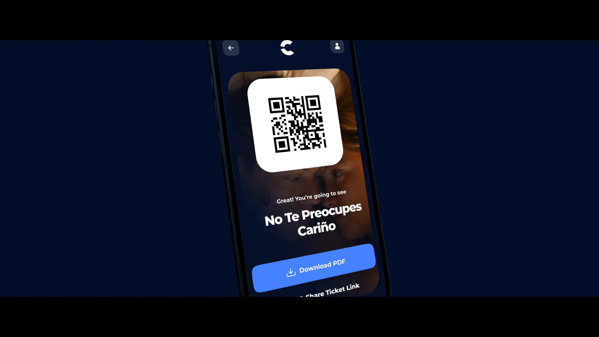 The ticket as a QR code on the phone, ready to download or share