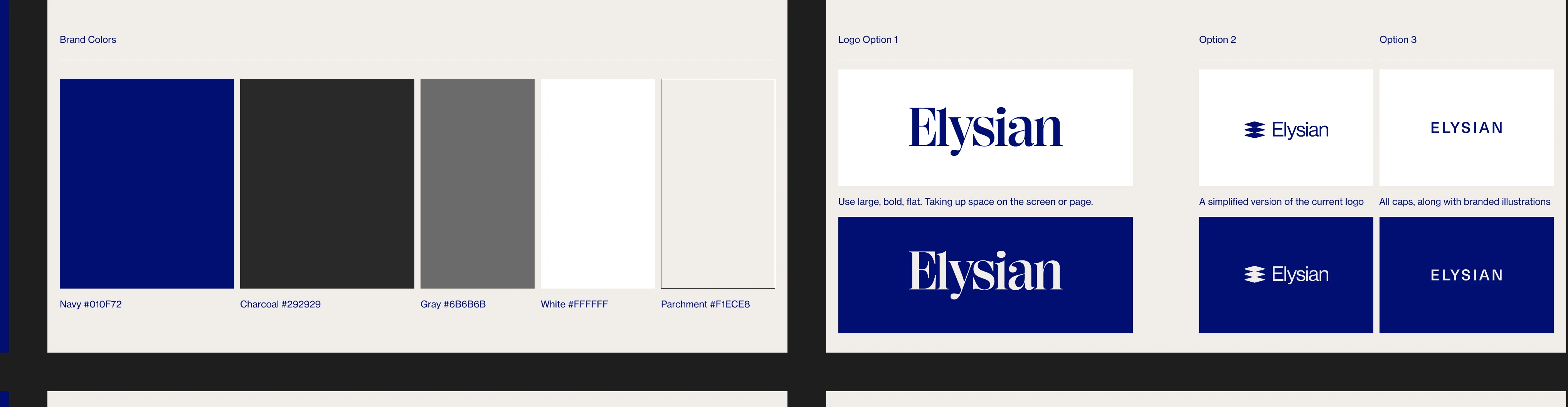 Elysian's brand colors, Navy, Charcoal, Gray, White and Parchment, and three logo lockup options