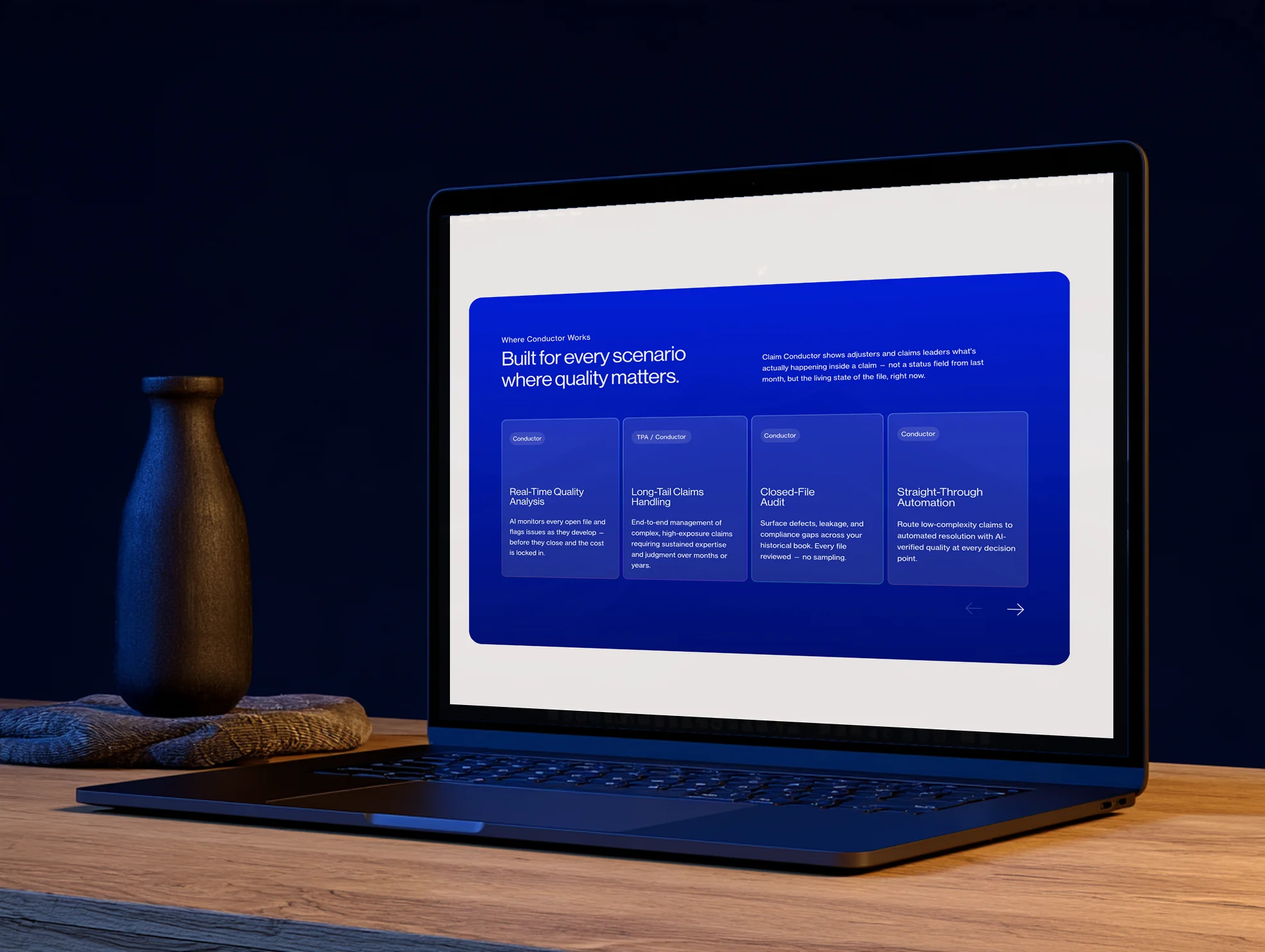 The homepage's scenario cards on a laptop at night: built for every scenario where quality matters