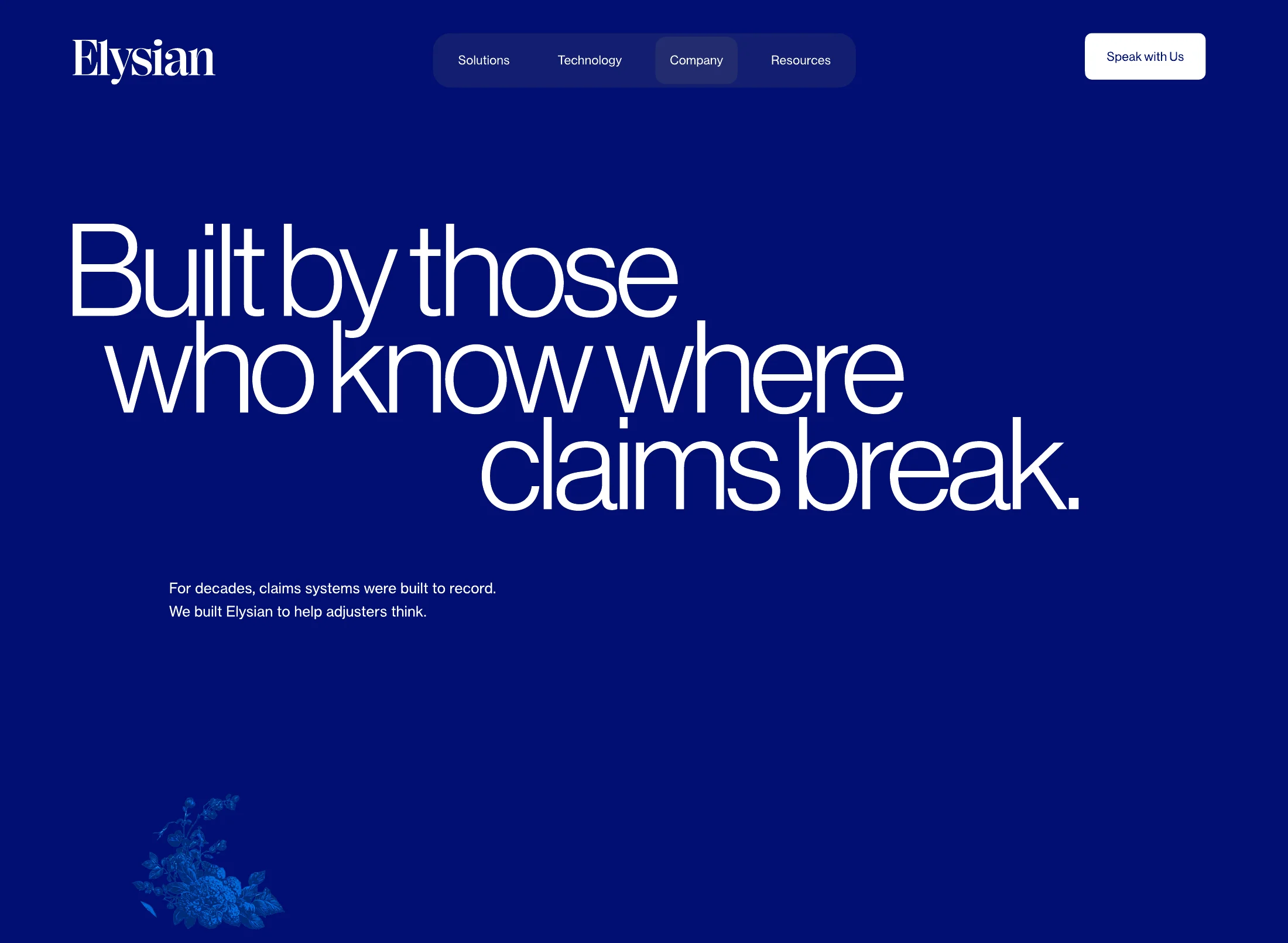 The company page: built by those who know where claims break, and Elysian is an AI-native third-party administrator and claims technology company