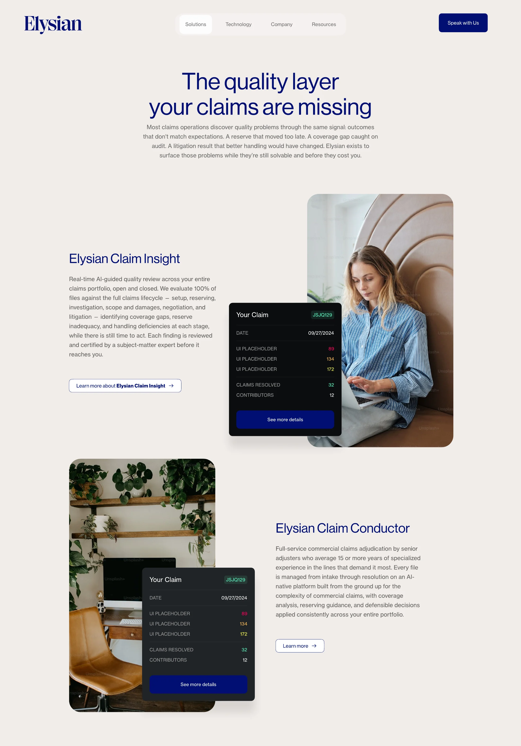 The solutions page: Claim Insight and Claim Conductor, each on its own screen