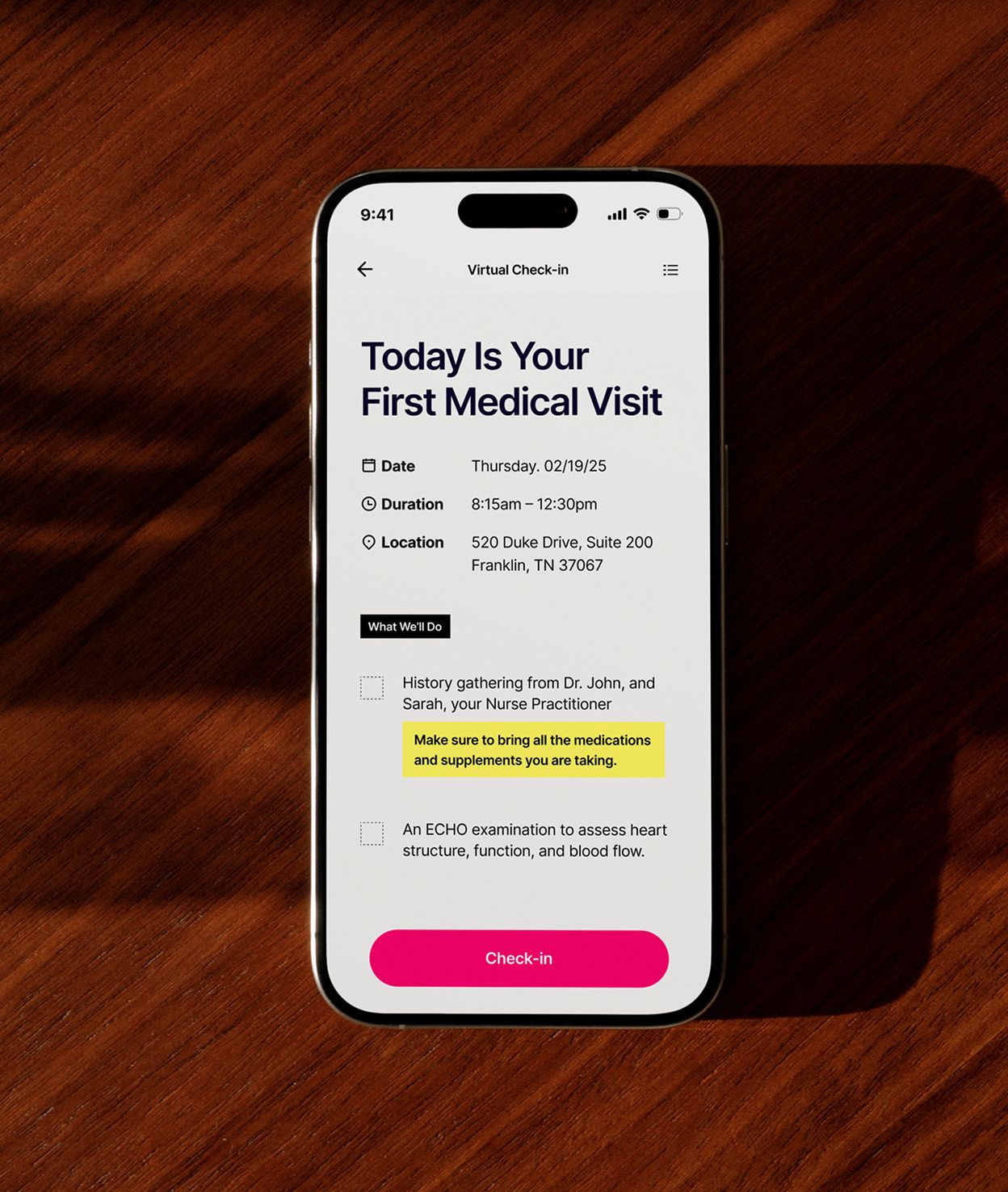 A phone showing a patient's virtual check-in for a first medical visit