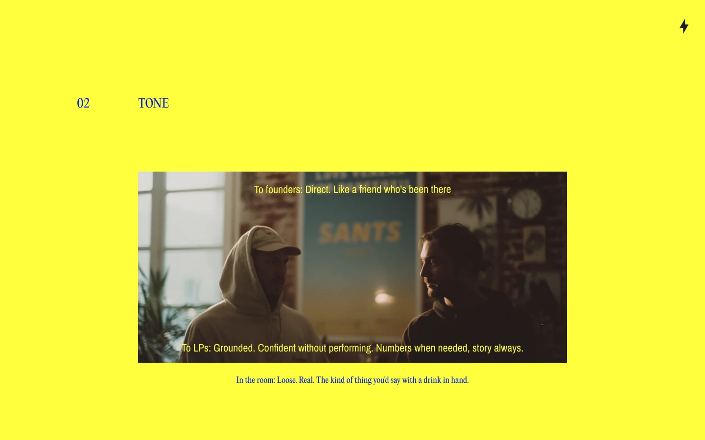 The tone slide: the three tones, to founders, to LPs and in the room, set over a picture of two people in a warm-lit bar